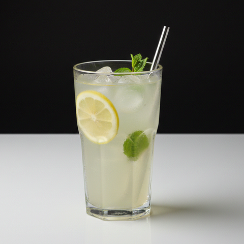 Glass of lemonade with ice, lemon slice, and mint leaf on a white surface with black background