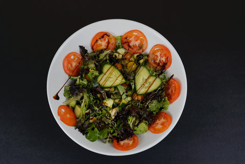 Mixed Green Salad with Cherry Tomatoes, Cucumber, and Balsamic Vinaigrette