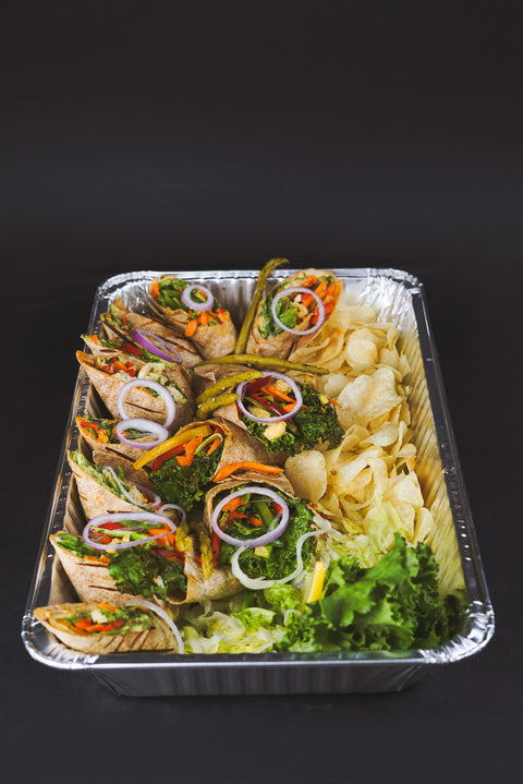 Roasted Vegetable and Hummus Wraps with mixed greens and tahini dressing (Vegetarian Option)