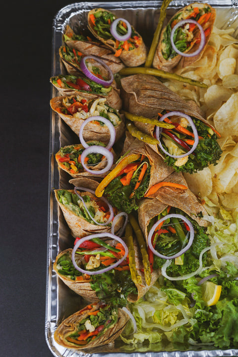 Roasted Vegetable and Hummus Wraps with mixed greens and tahini dressing (Vegetarian Option)