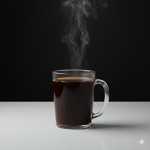 Steaming hot coffee in a clear glass mug on a black and white background