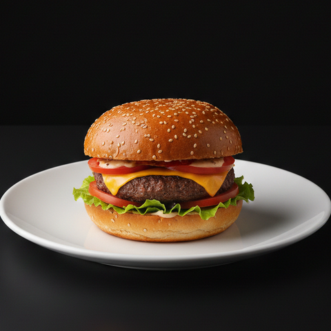 Hamburger on a white plate with a black background