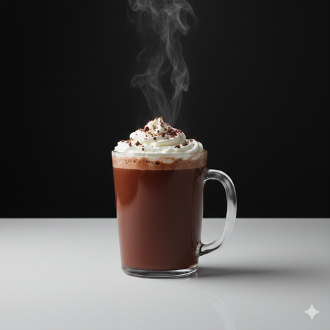 Steaming hot chocolate with whipped cream in a clear mug on a black background