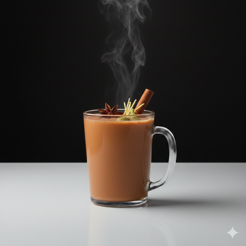 Steaming hot masala chai in a glass mug with cinnamon stick and star anise on a black background