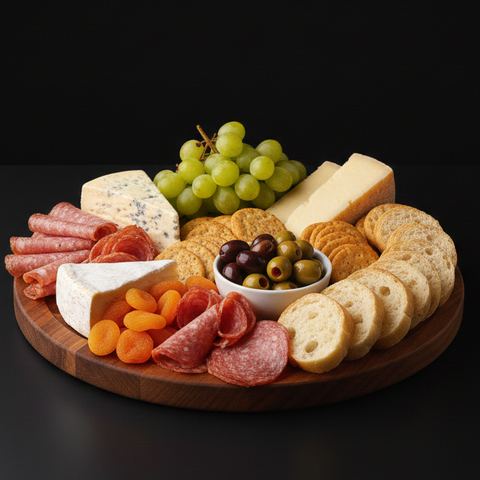 Assorted meats, cheeses, fruits, and crackers on a wooden board against a black background