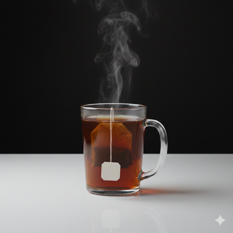 Steaming hot cup of tea with a tea bag on a black background